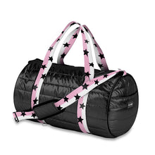 Load image into Gallery viewer, BLACK PUFFER BAG DUFFLE W/ PINK WHITE SPLIT STAR STRAPS

