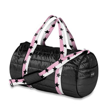 Load image into Gallery viewer, BLACK PUFFER BAG DUFFLE W/ PINK WHITE SPLIT STAR STRAPS
